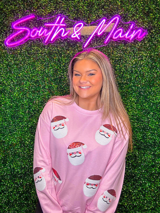 Sequin Santa Sweatshirt - Light Pink
