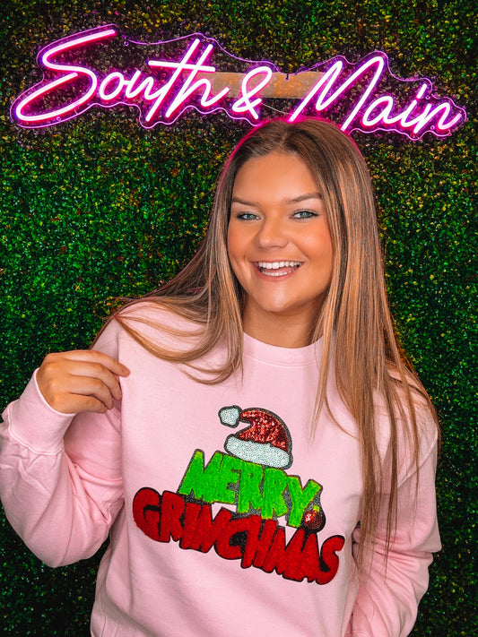 Merry Grinchmas Chenille Sweatshirt - Light Pink