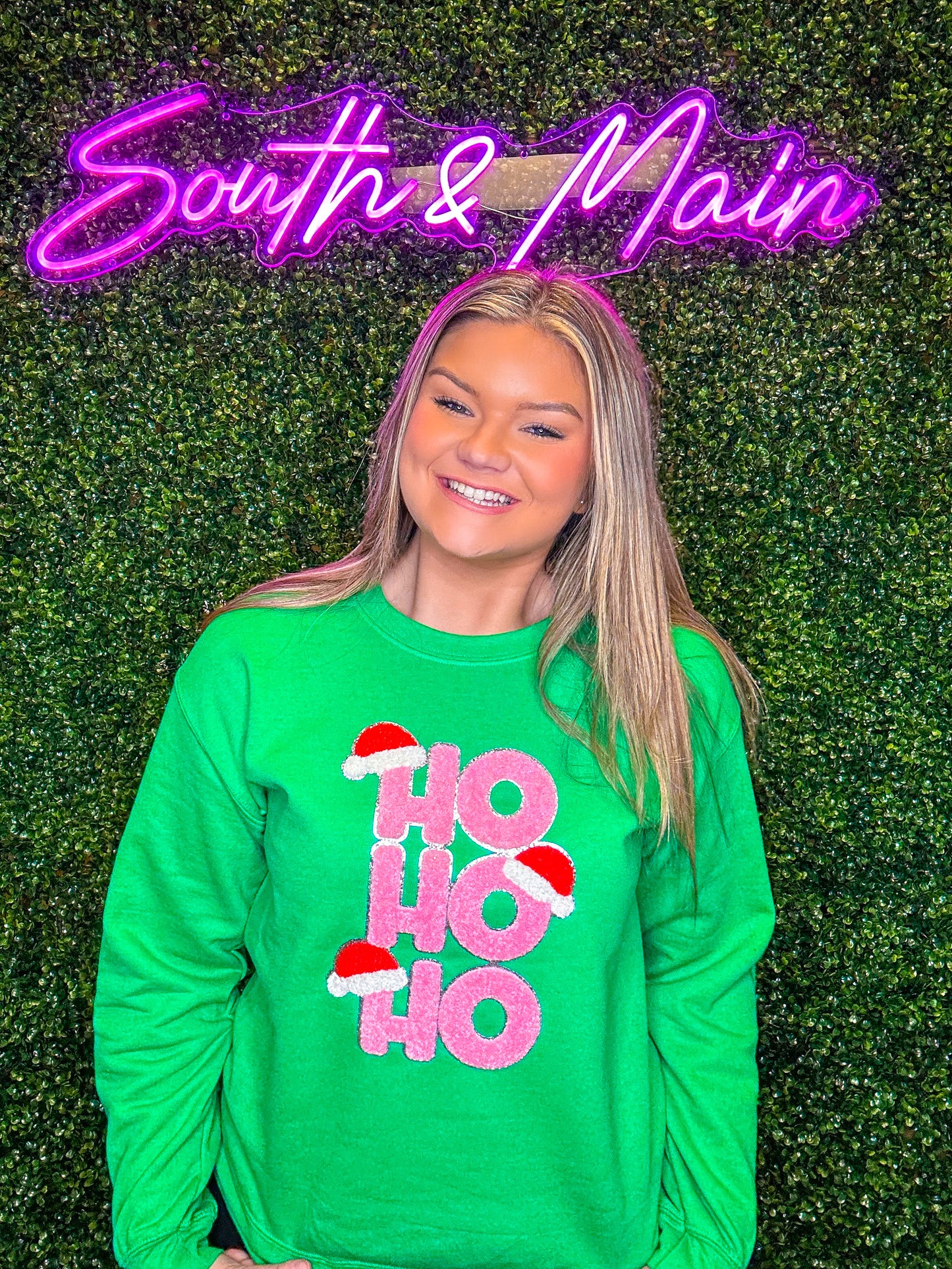 HO HO HO Chenille Sweatshirt - Green