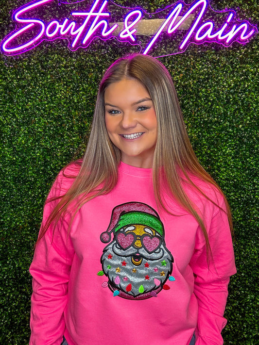 Neon Santa Sequin Sweatshirt - Bright Pink