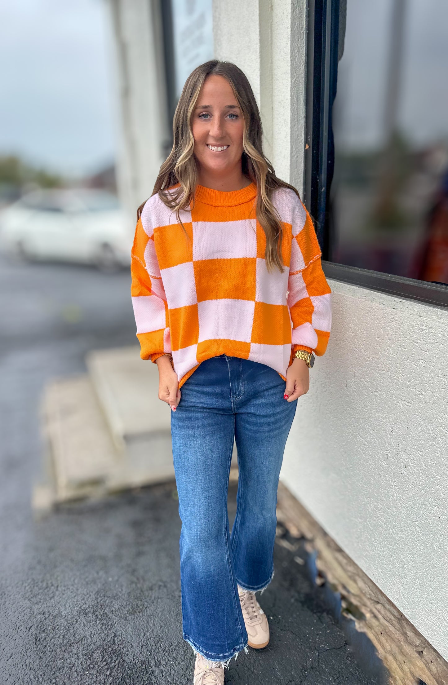 Orange Checkered Sweater Top