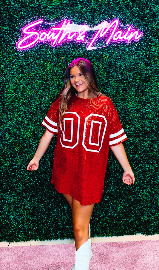 Short Sleeve Game Day Red Sequin Dress