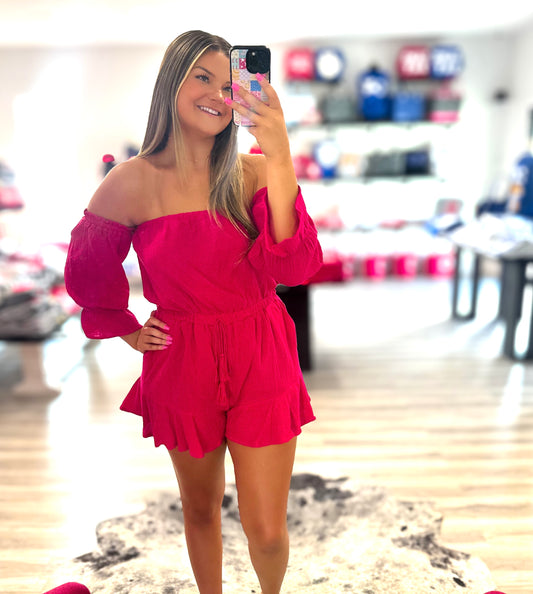 Balloon Sleeve Off Shoulder Berry Romper