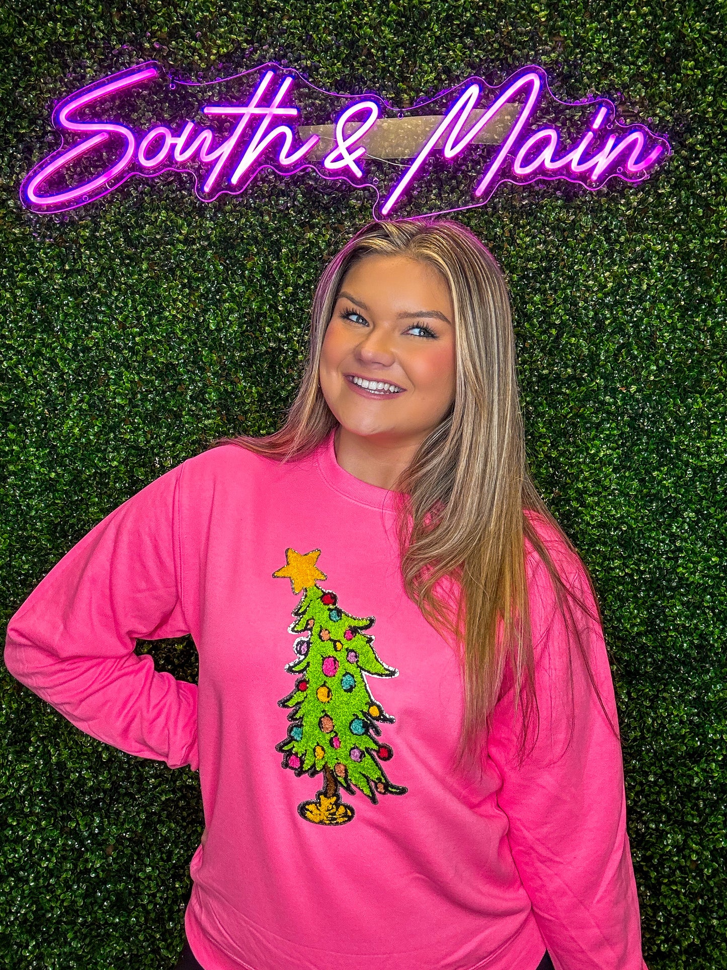 Grinch Tree Chenille Sweatshirt - Bright Pink