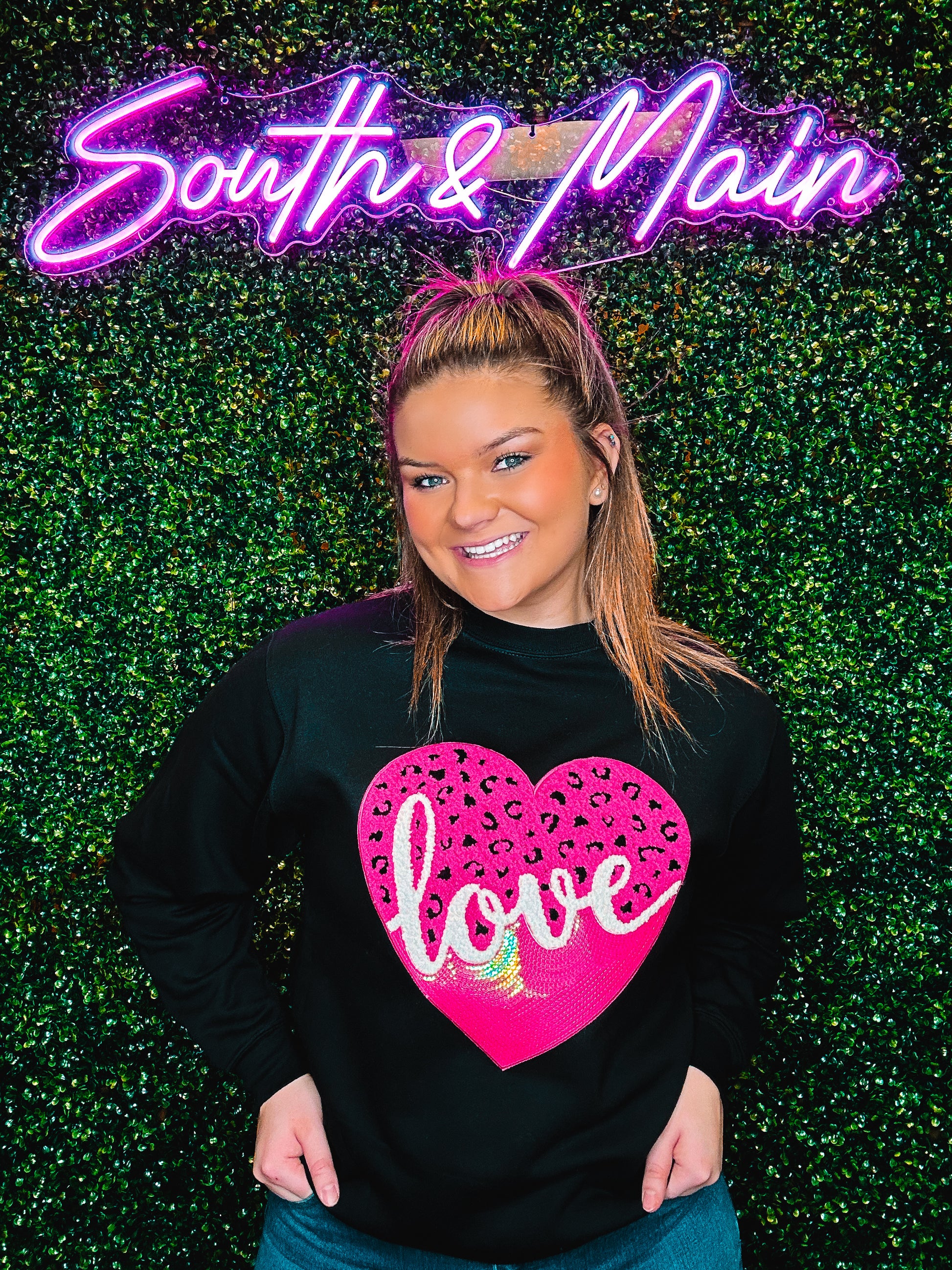 Leopard Hot Pink Love Heart Chenille Sequin Sweatshirt