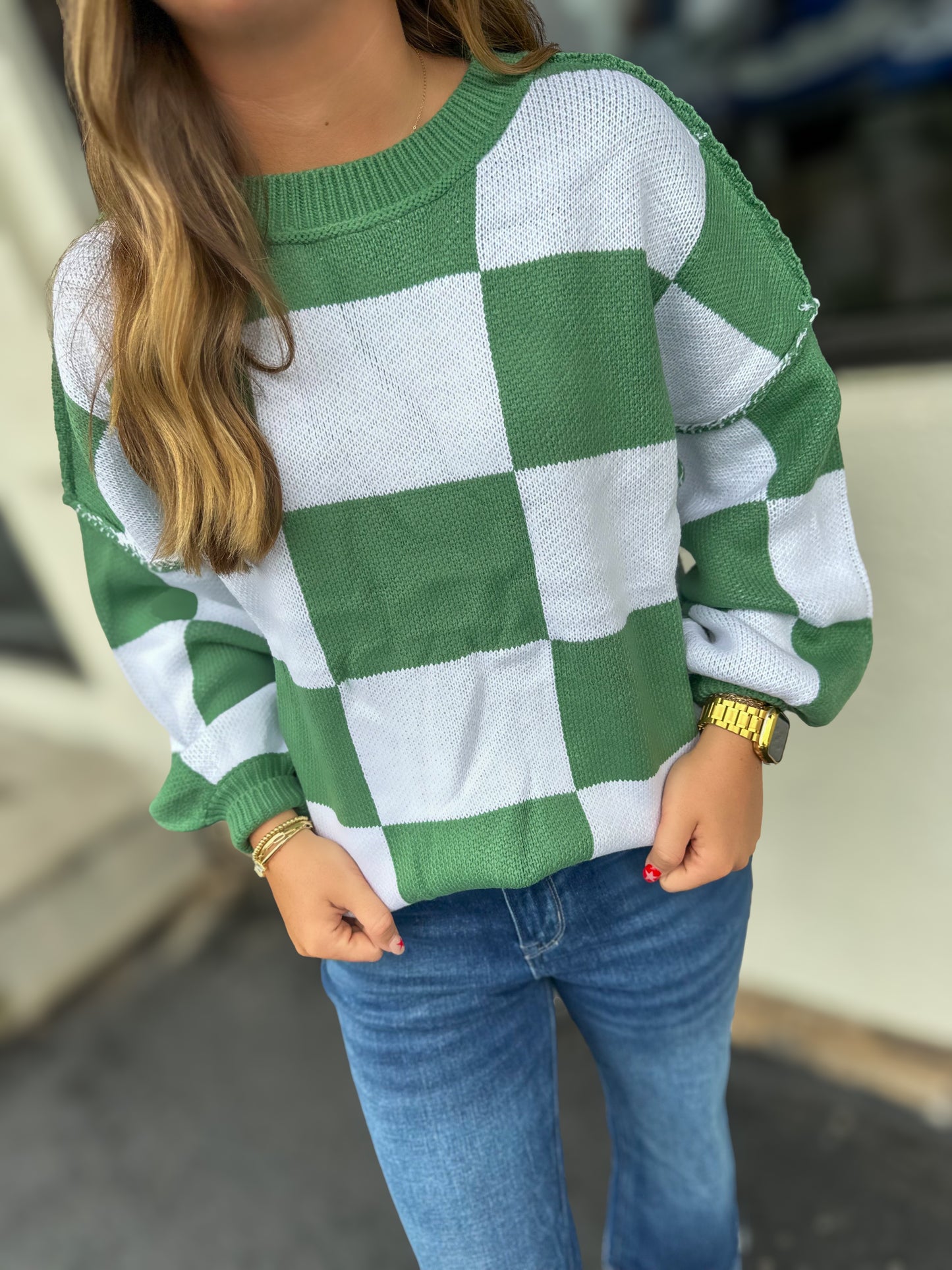 Green Checkered Sweater Top