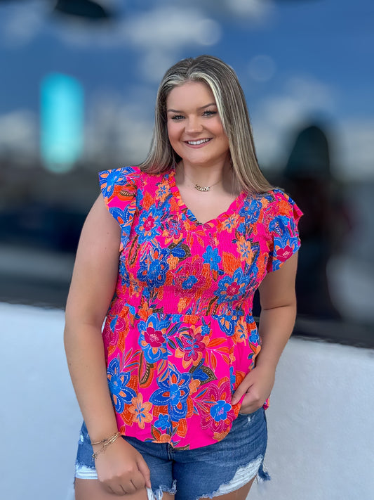 Bright Floral Smocked V-Neck Top