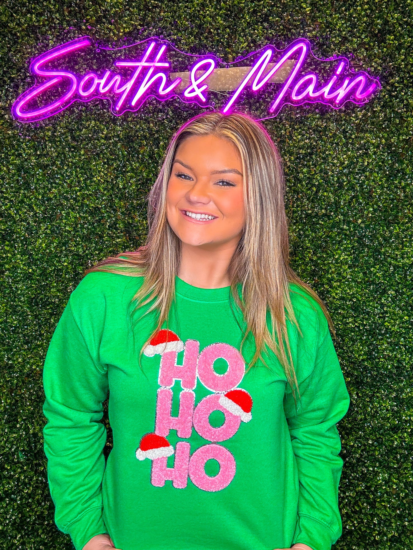 HO HO HO Chenille Sweatshirt - Green