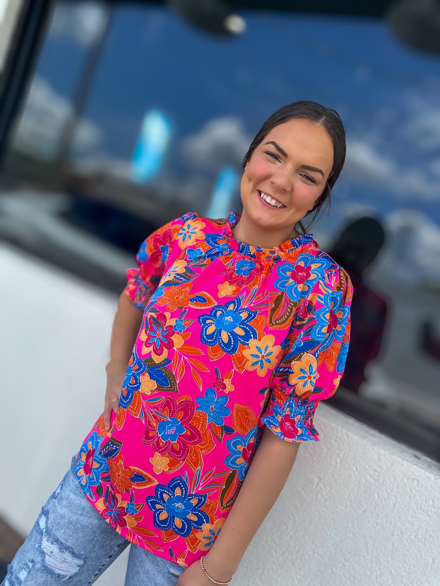 Bright Floral Puff Sleeve Top