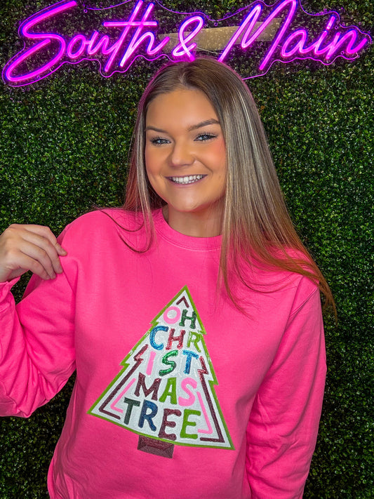 Oh Christmas Tree Sequin Sweatshirt - Bright Pink