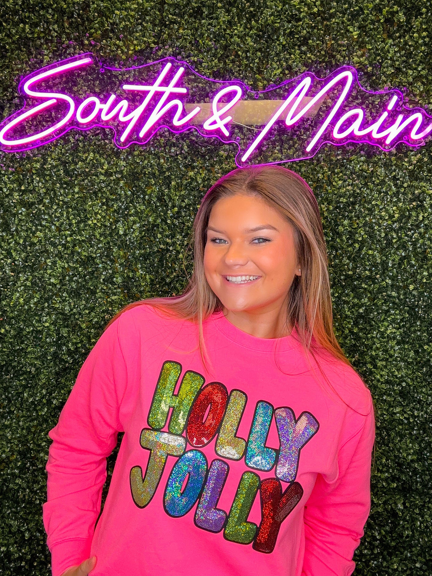 HOLLY JOLLY Sequin Sweatshirt - Bright Pink