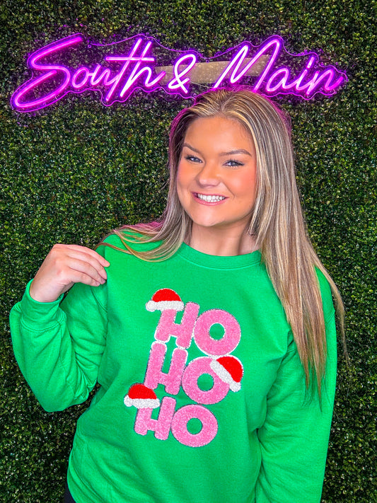 HO HO HO Chenille Sweatshirt - Green