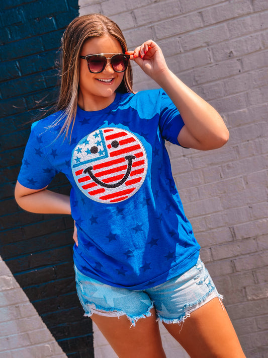Smiley Face USA Chenille Royal Blue Star T-Shirt