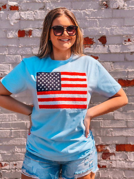 American Flag Chenille Light Blue T-Shirt