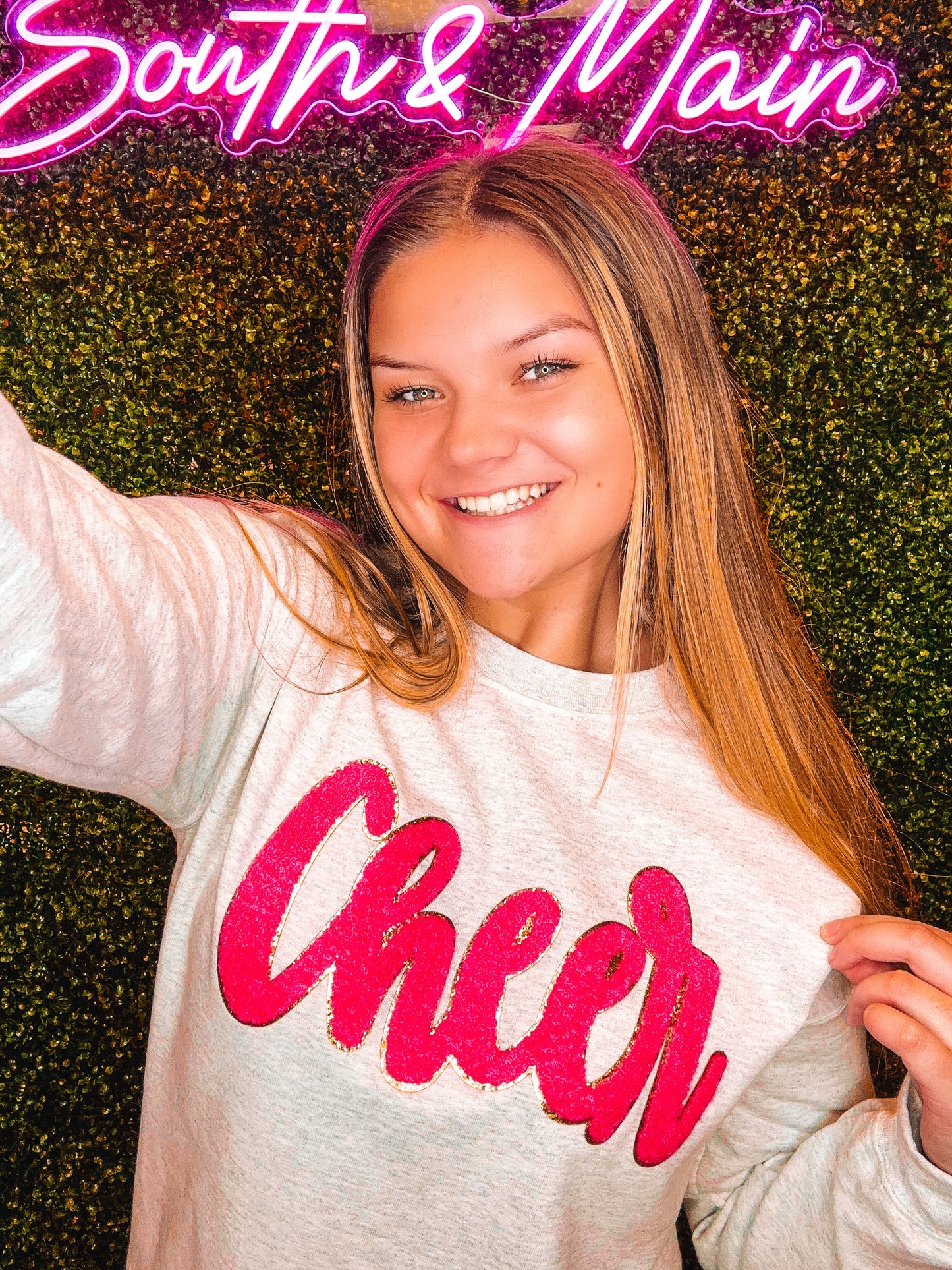 Hot Pink Cheer Script Chenille Sweatshirt