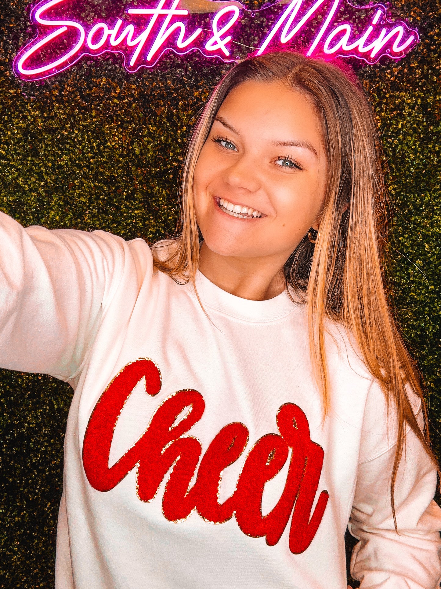 Red Cheer Script Chenille Sweatshirt