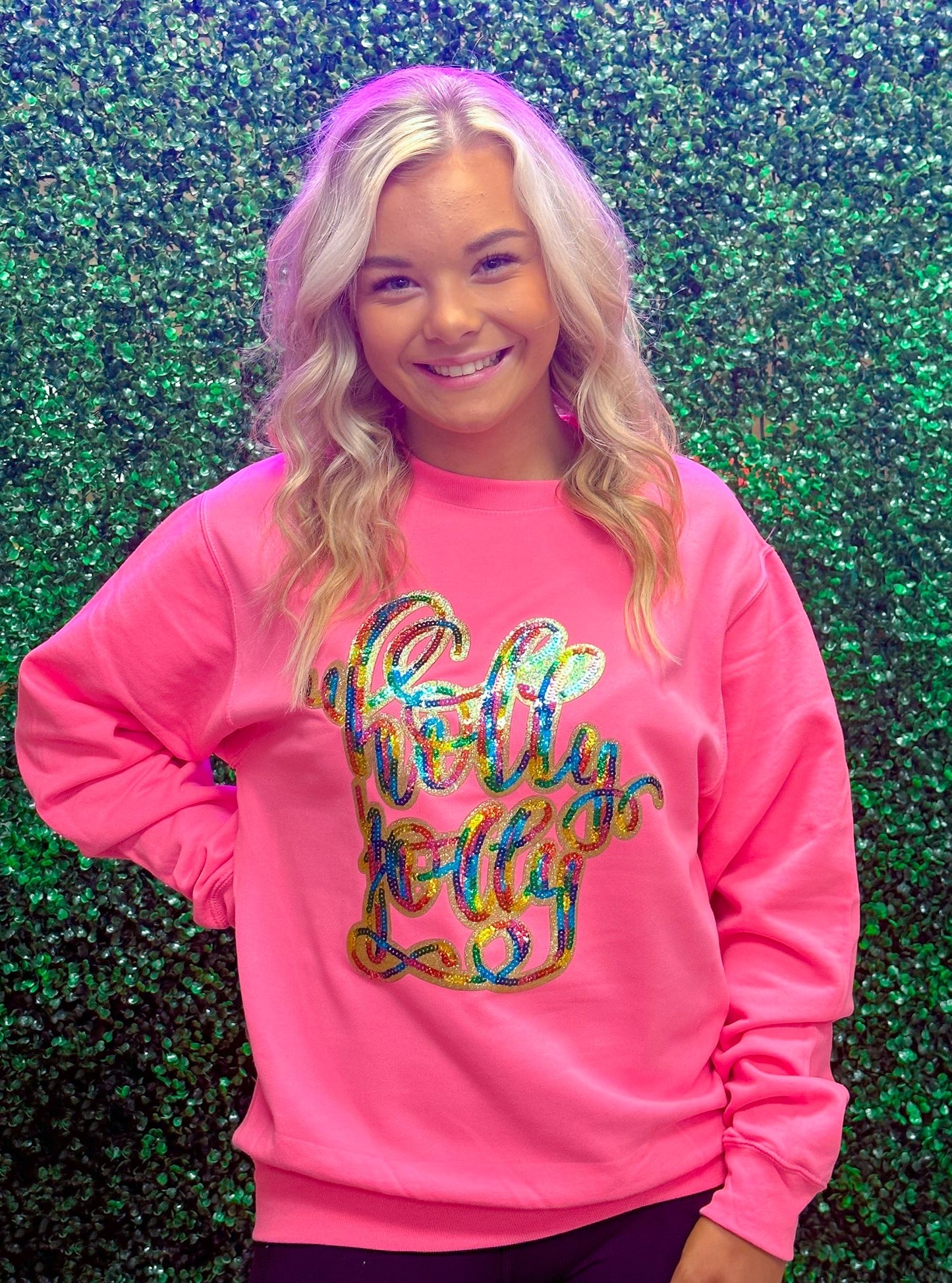 Holly Jolly Sequin Sweatshirt - Bright Pink