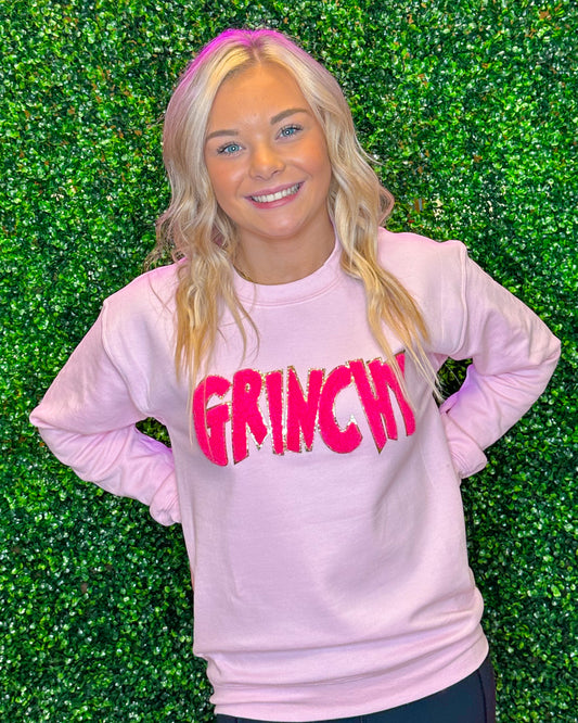 Hot Pink GRINCHY Chenille Sweatshirt - Light Pink
