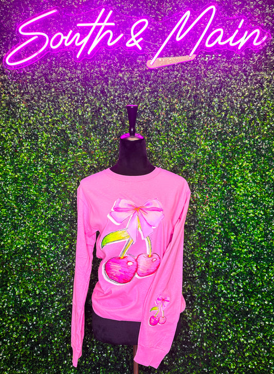 Girly Cherry Bow Long Sleeve Shirt - Pink