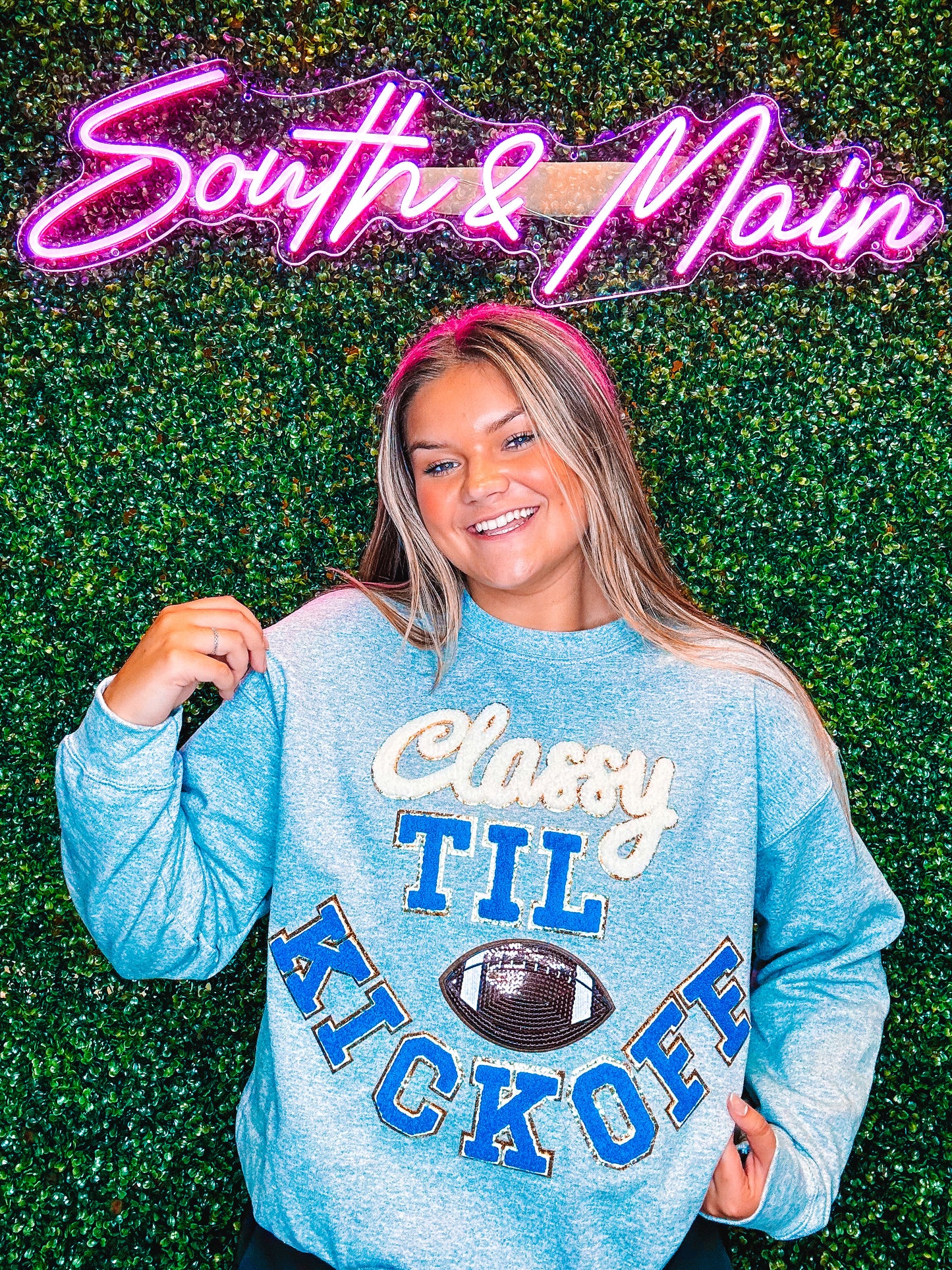 Royal Blue Classy TIL KICKOFF Chenille Sweatshirt