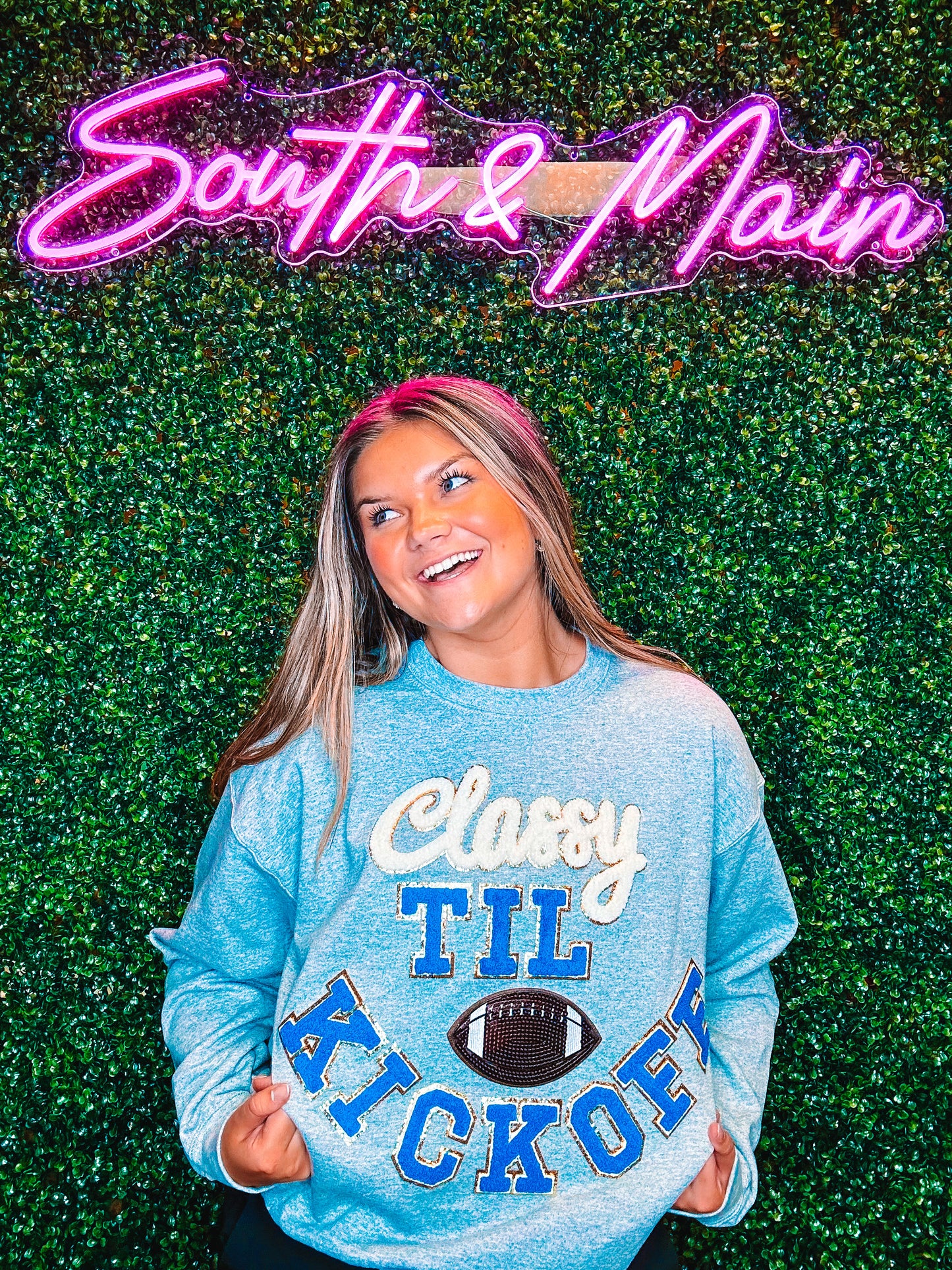 Royal Blue Classy TIL KICKOFF Chenille Sweatshirt