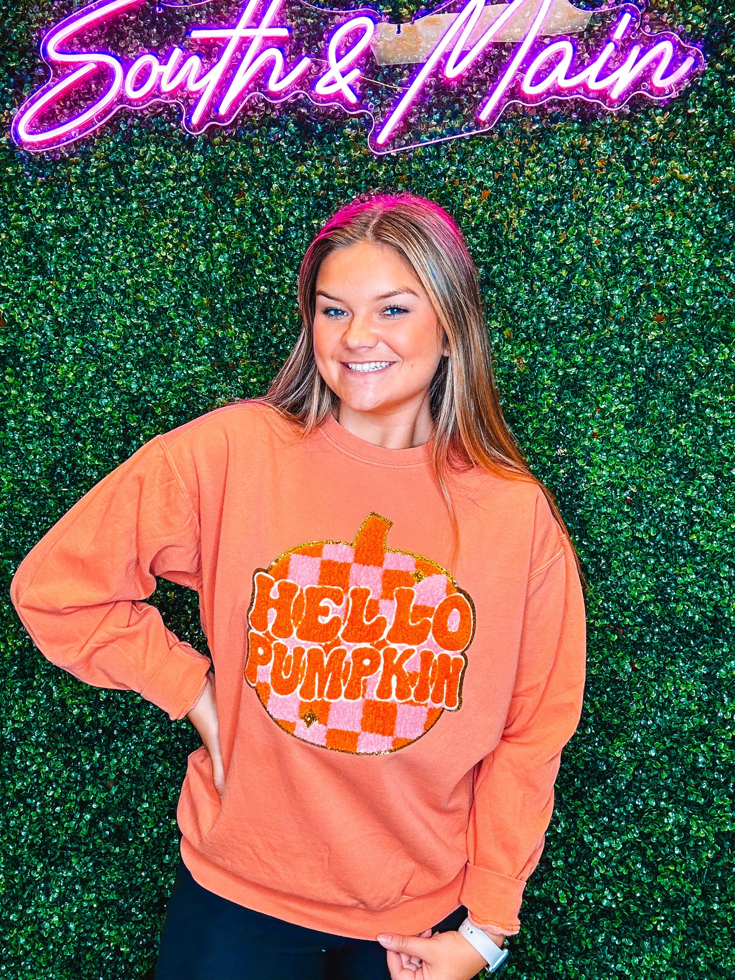 Hello Pumpkin Chenille Comfort Colors Sweatshirt - Orange