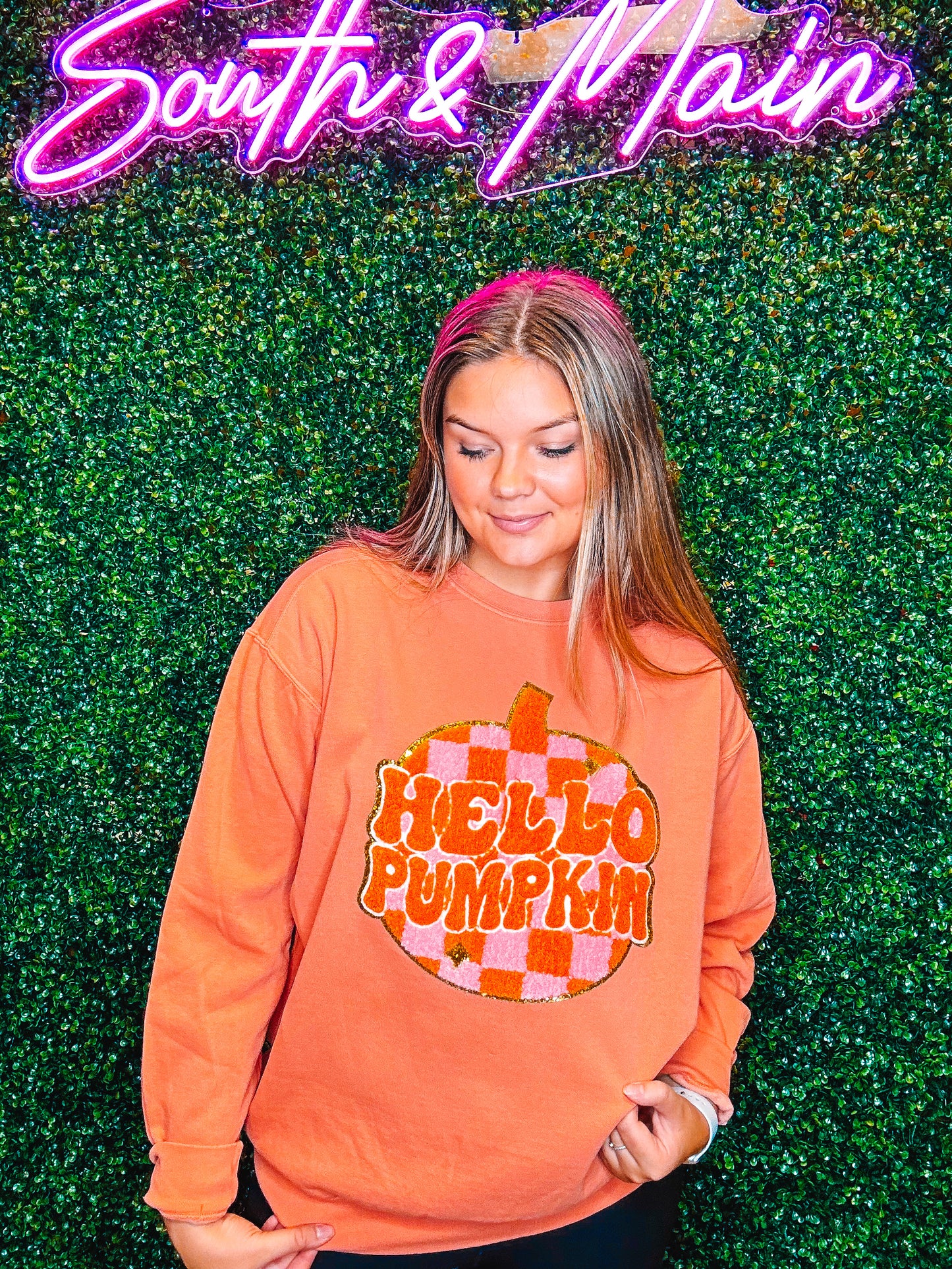 Hello Pumpkin Chenille Comfort Colors Sweatshirt - Orange