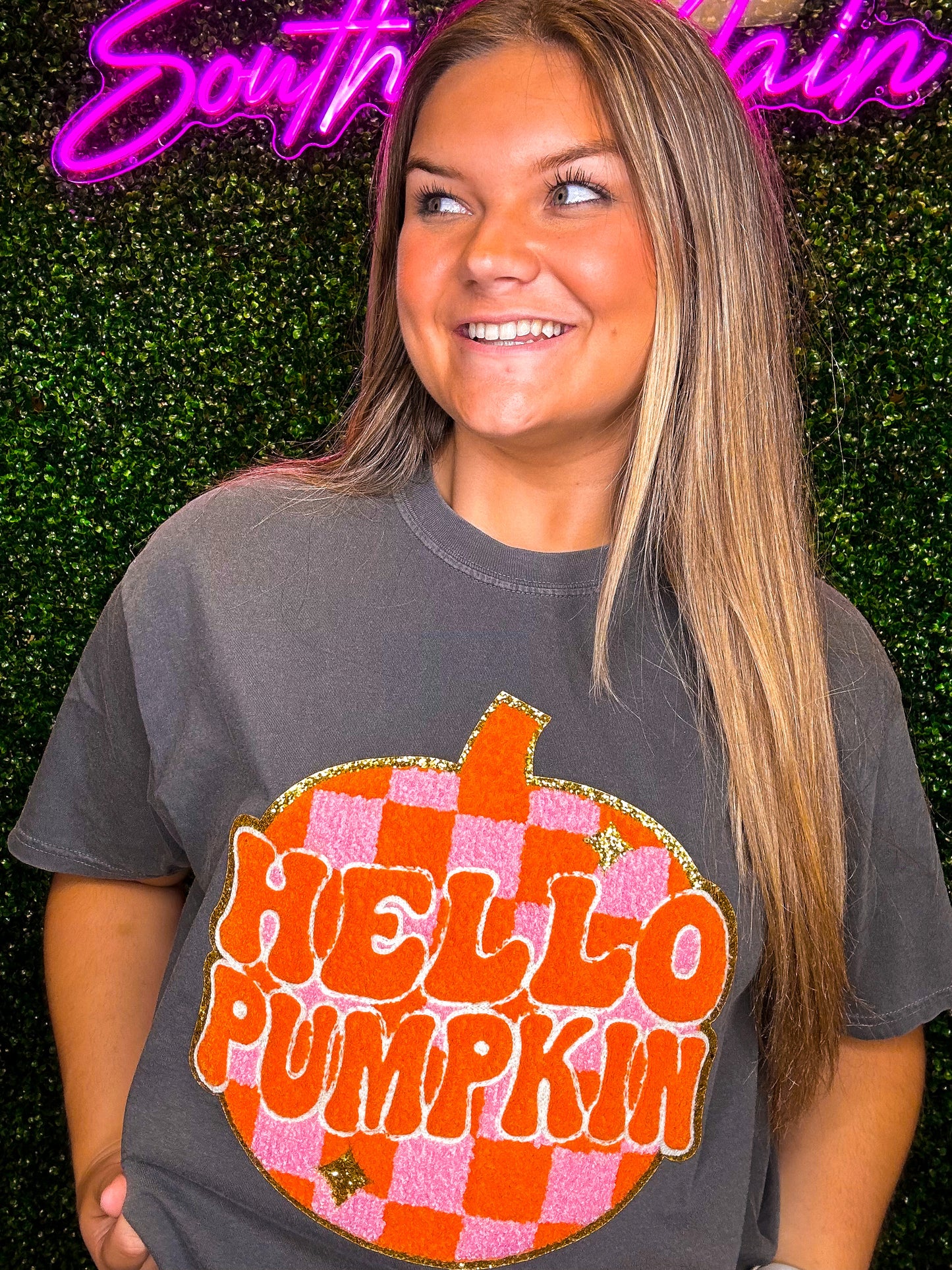Hello Pumpkin Chenille Comfort Colors T-Shirt - Grey
