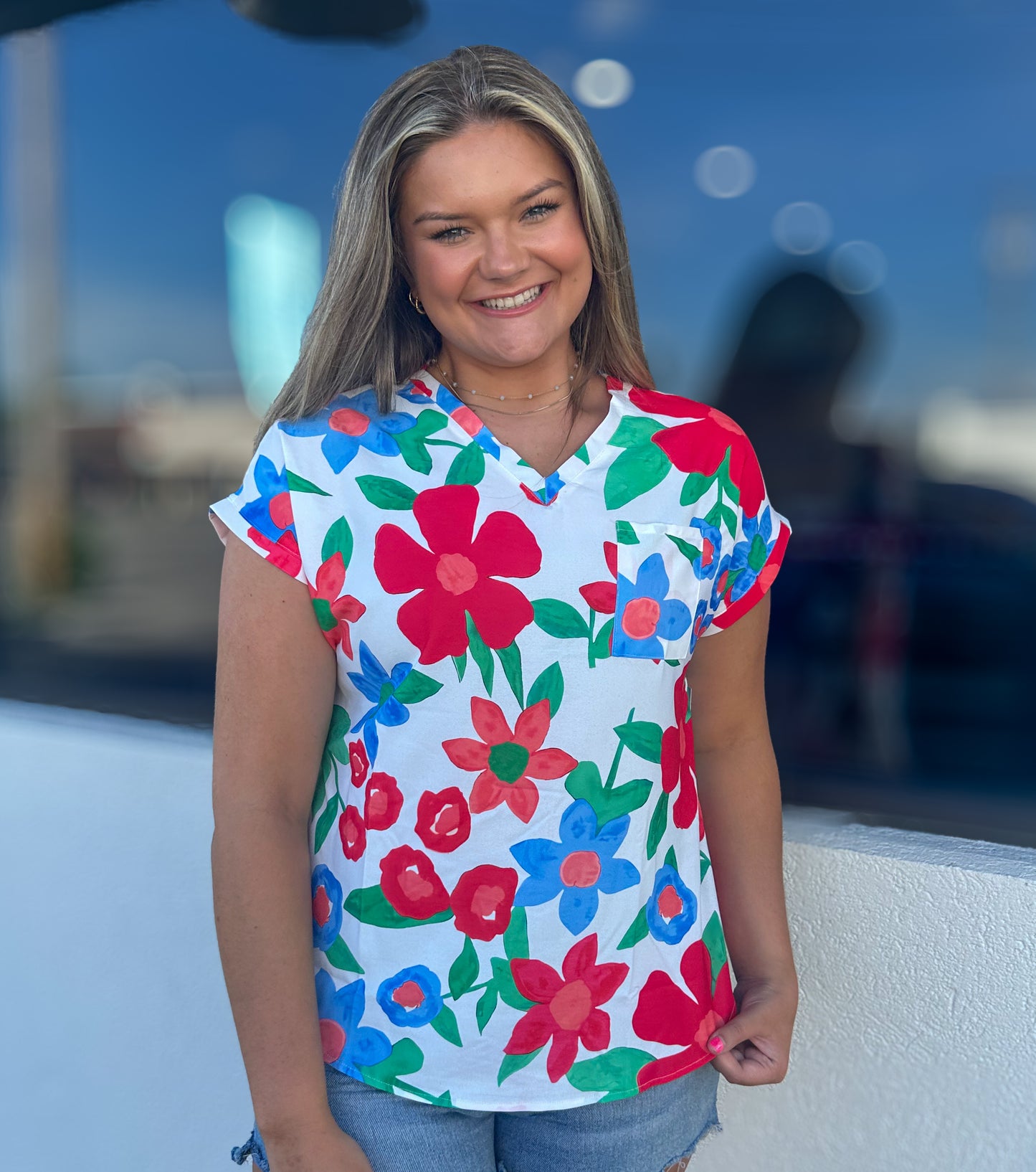 Vibrant Flower V-Neck Top