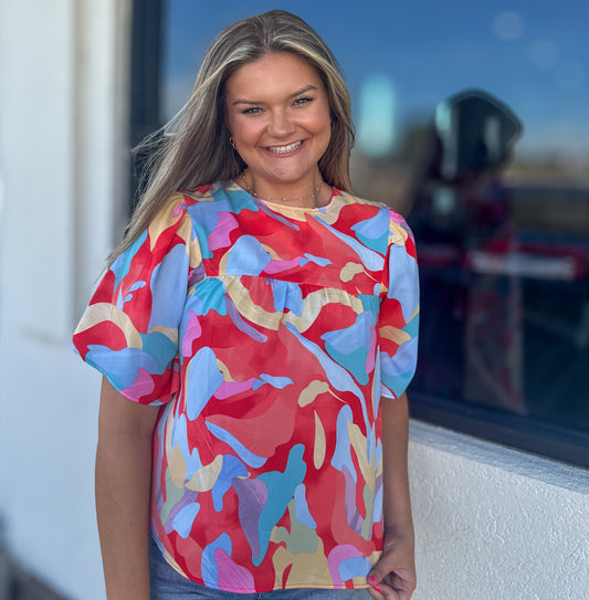 Wide Sleeve Multi-Colored Abstract Top