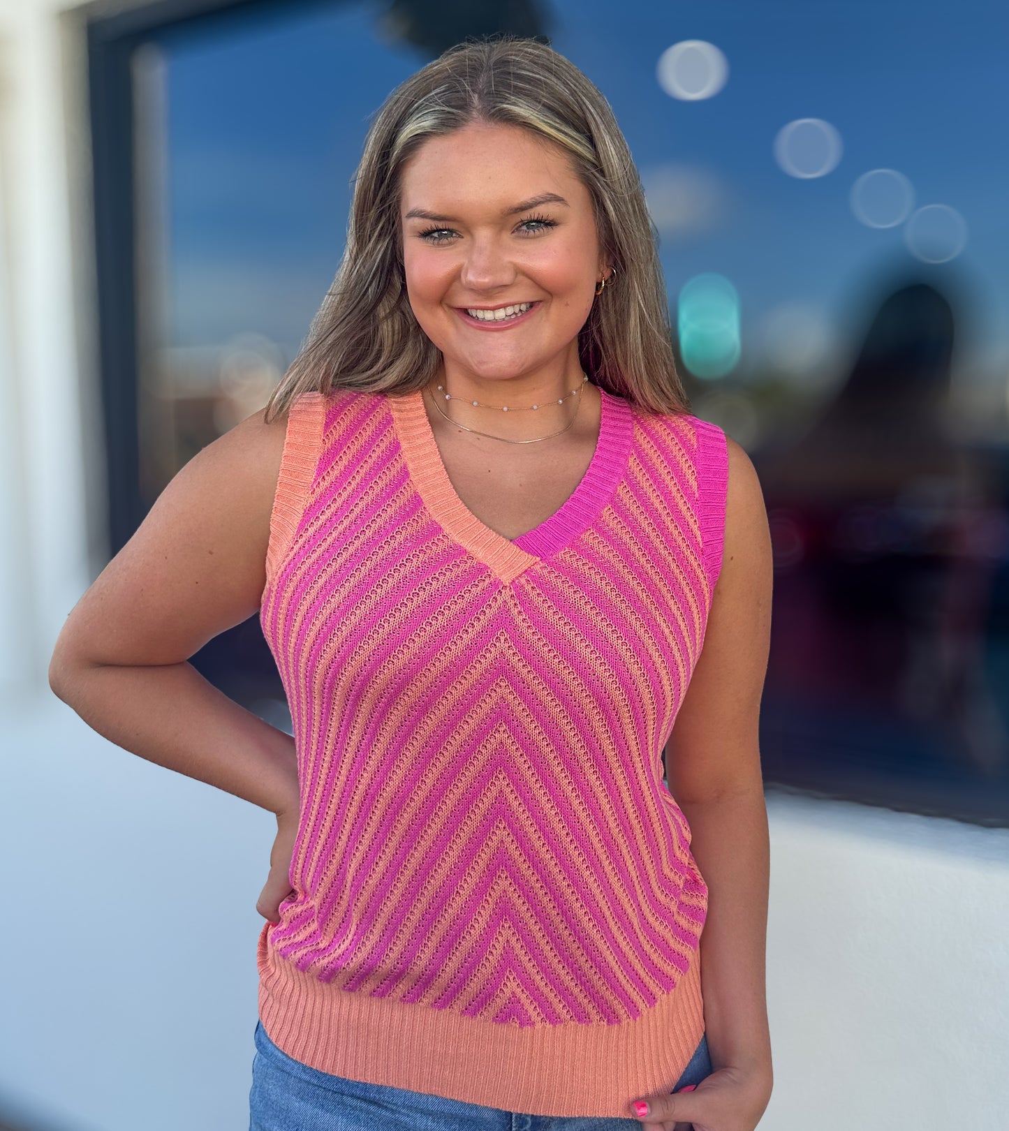 Pink & Orange Knit V-Neck Tank