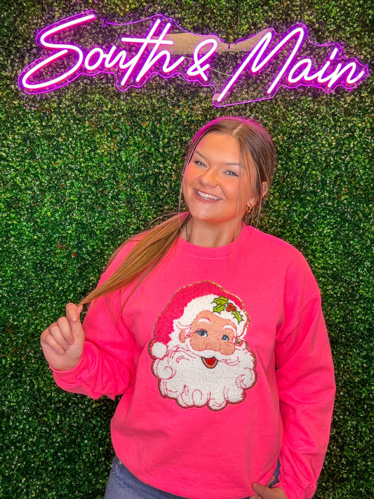 Santa Claus Chenille Sweatshirt - Bright Pink