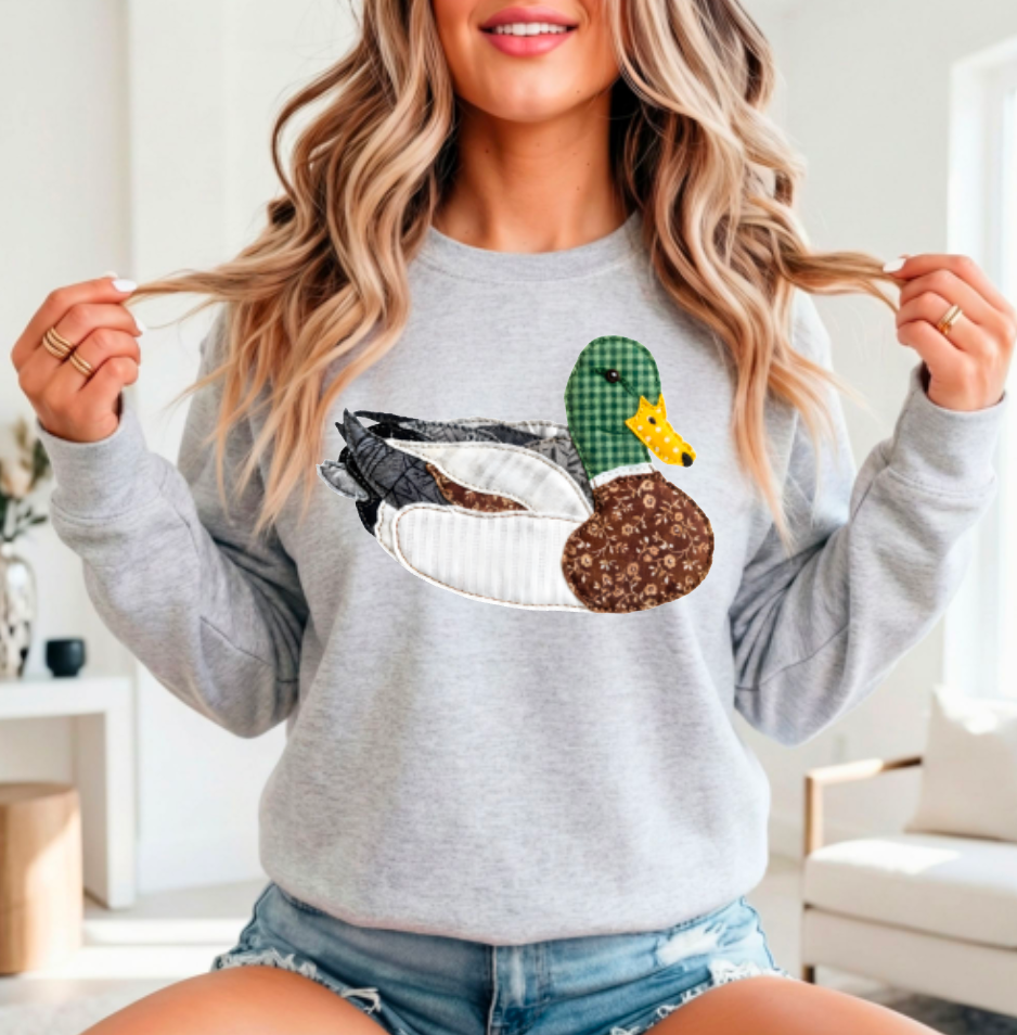 Faux Ash DTF Printed Quilted Mallard Duck Patchwork Sweatshirt