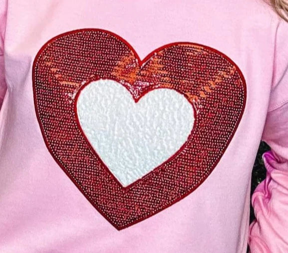 Red Sequin Heart - White Chenille Heart Patch