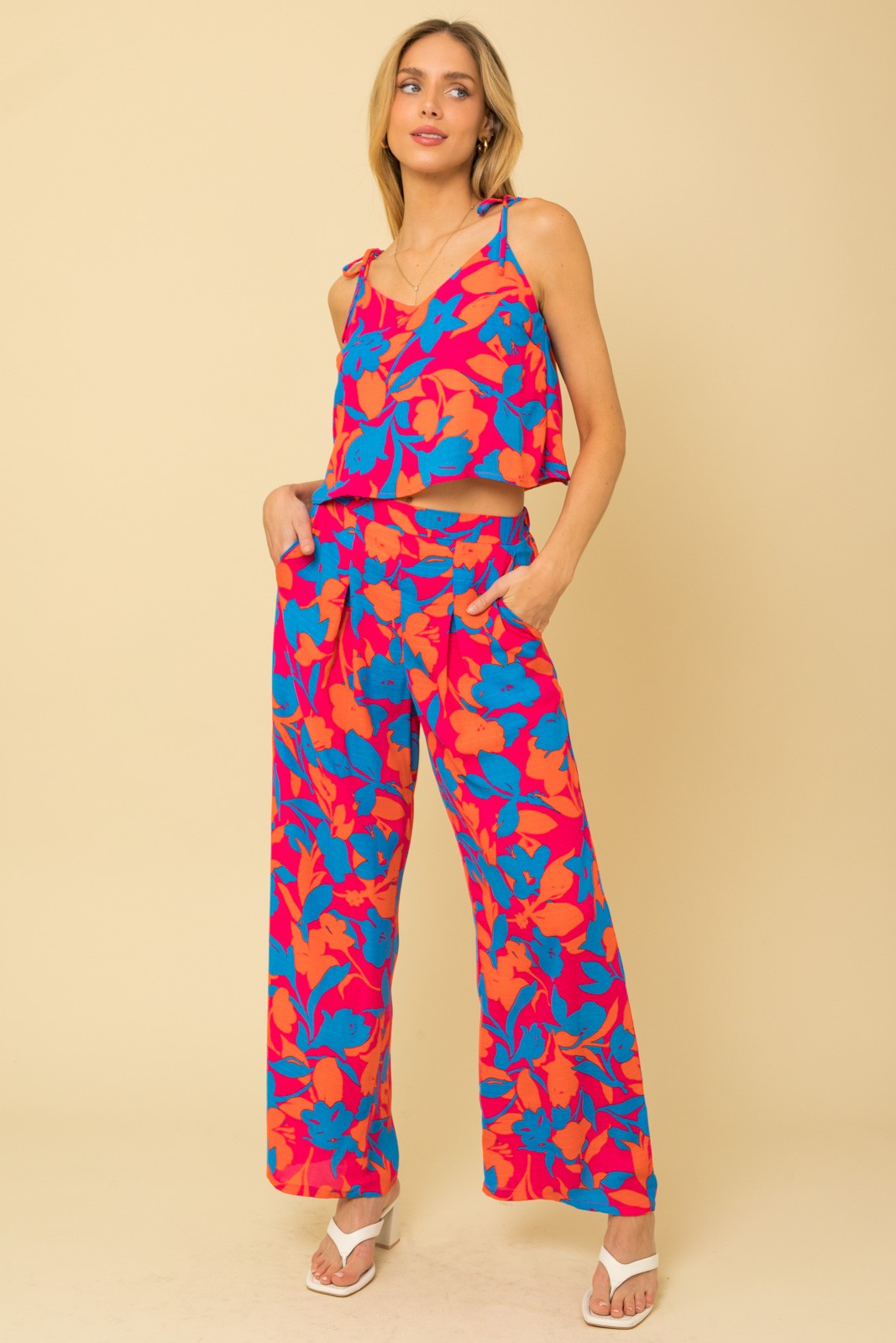 Floral Cami Top & Elastic Pleated Pants Set