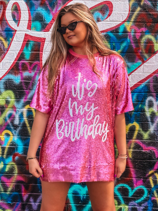 It's my Birthday Sparkly Pink T-Shirt Dress