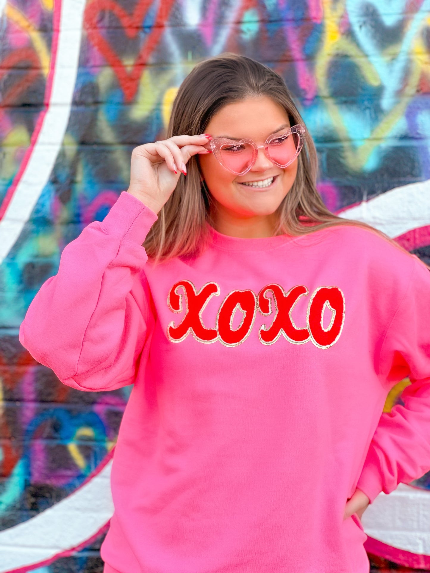 Bright Pink Sweatshirt w/ Red Chenille XOXO
