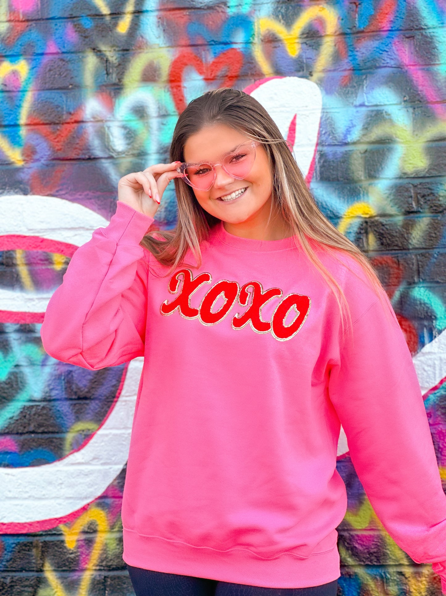 Bright Pink Sweatshirt w/ Red Chenille XOXO