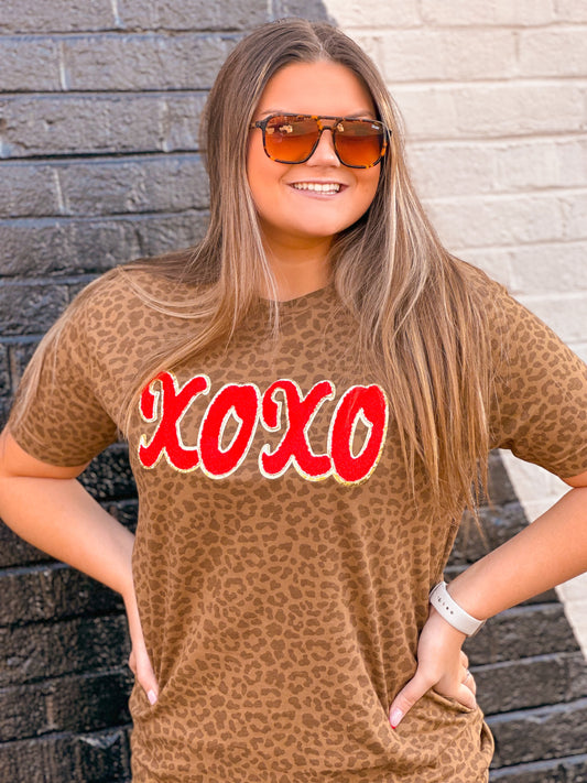 Brown Leopard T-Shirt w/ Red Chenille XOXO