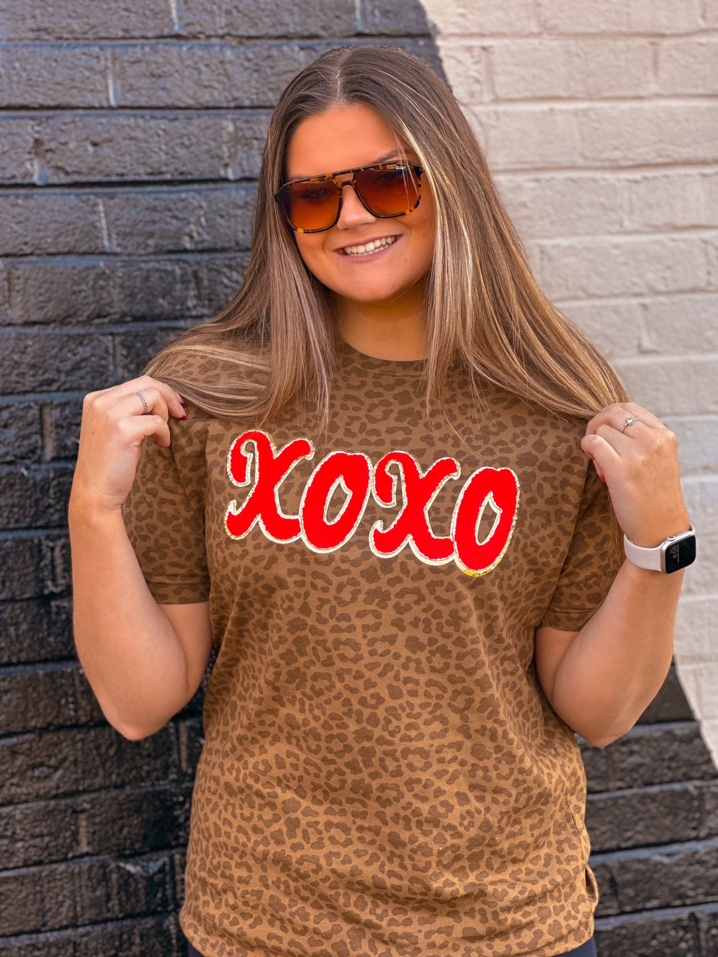 Brown Leopard T-Shirt w/ Red Chenille XOXO