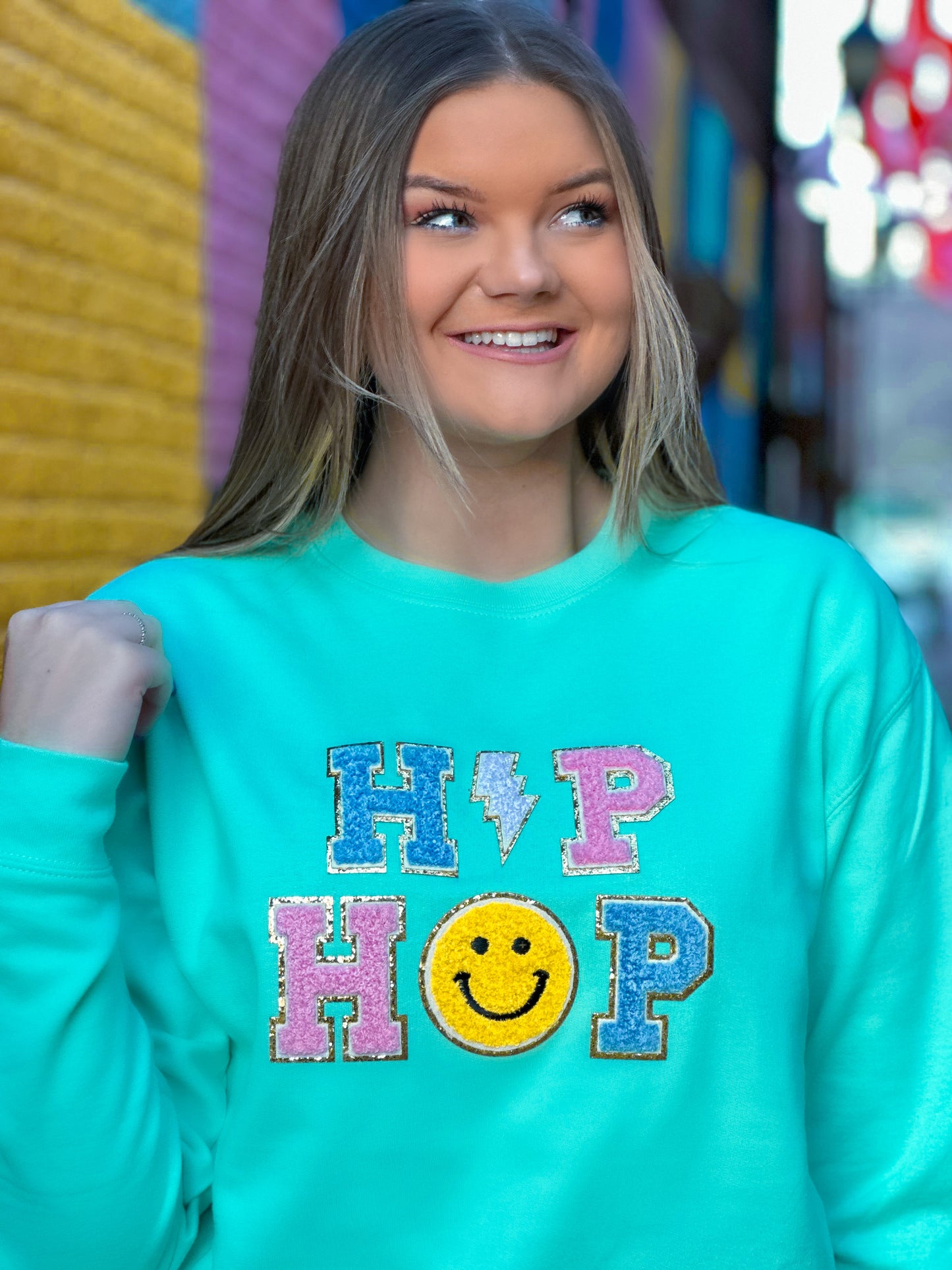 HIP HOP w/ Smiley Face Chenille Sweatshirt (Mint)