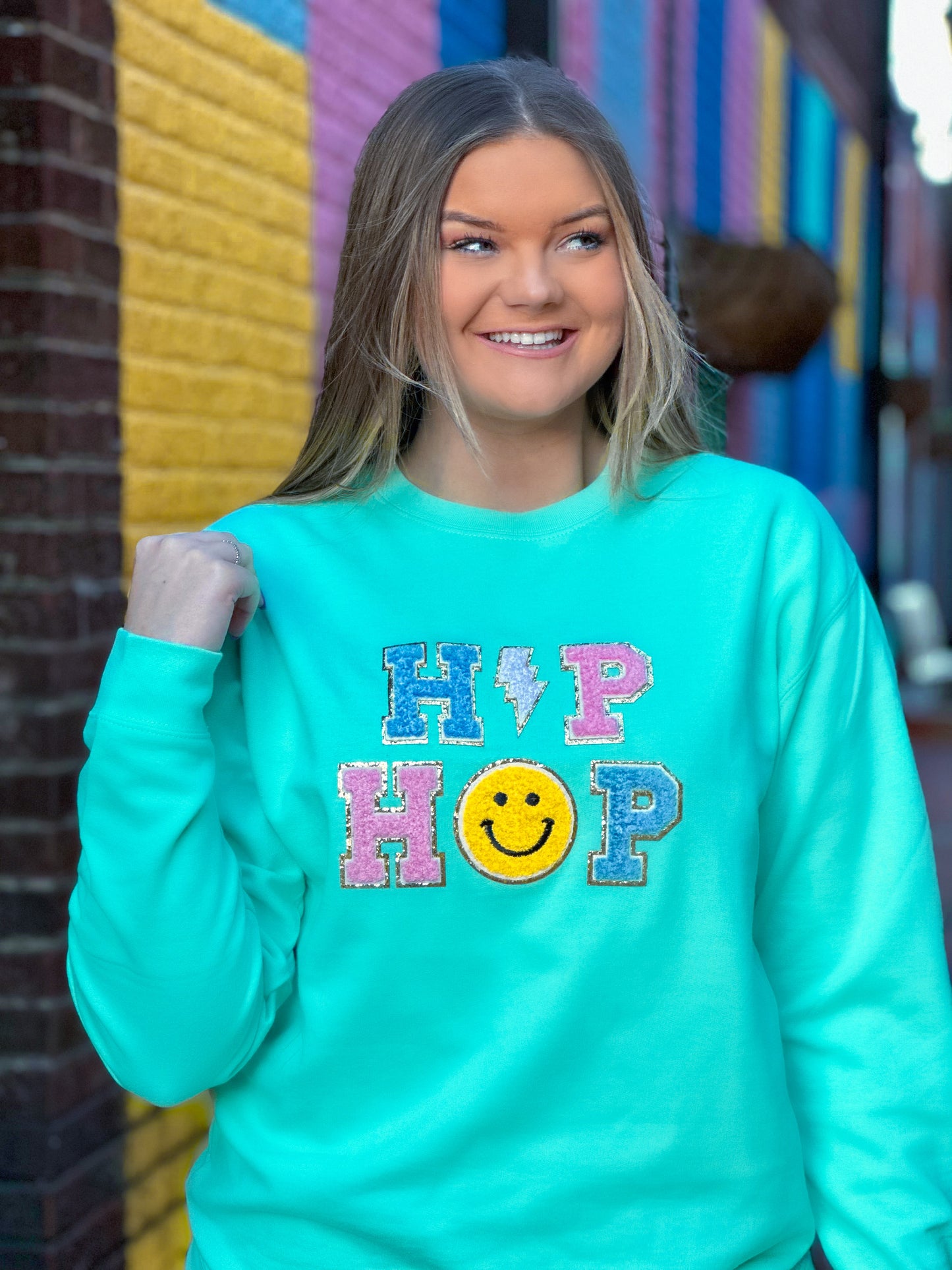 HIP HOP w/ Smiley Face Chenille Sweatshirt (Mint)