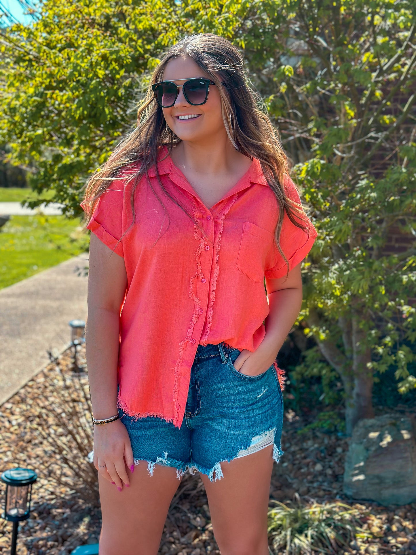 Coral Pink Fringe Button Up