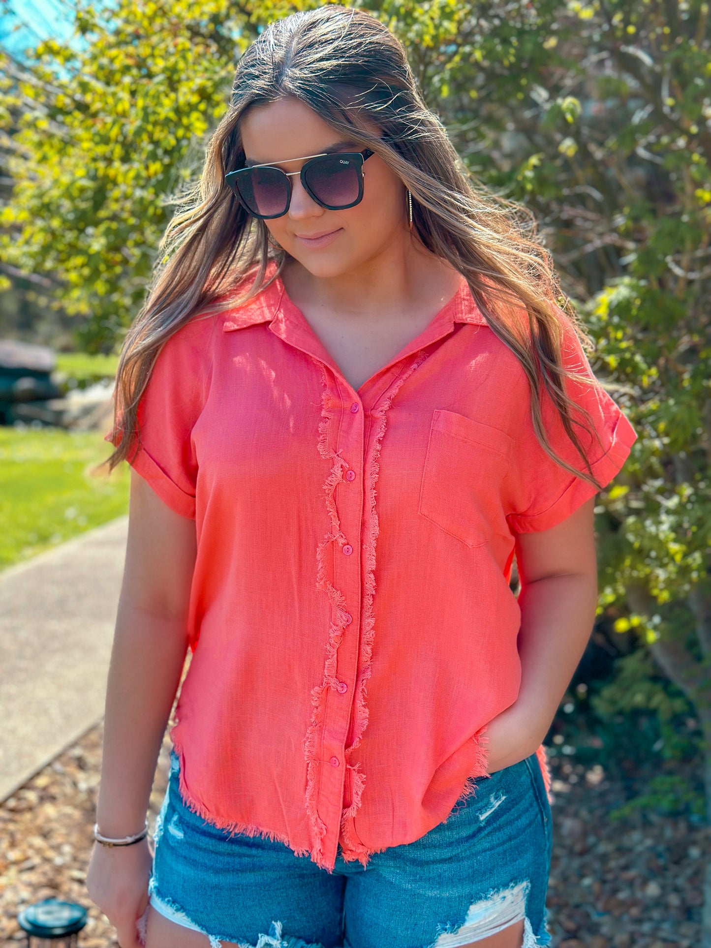 Coral Pink Fringe Button Up