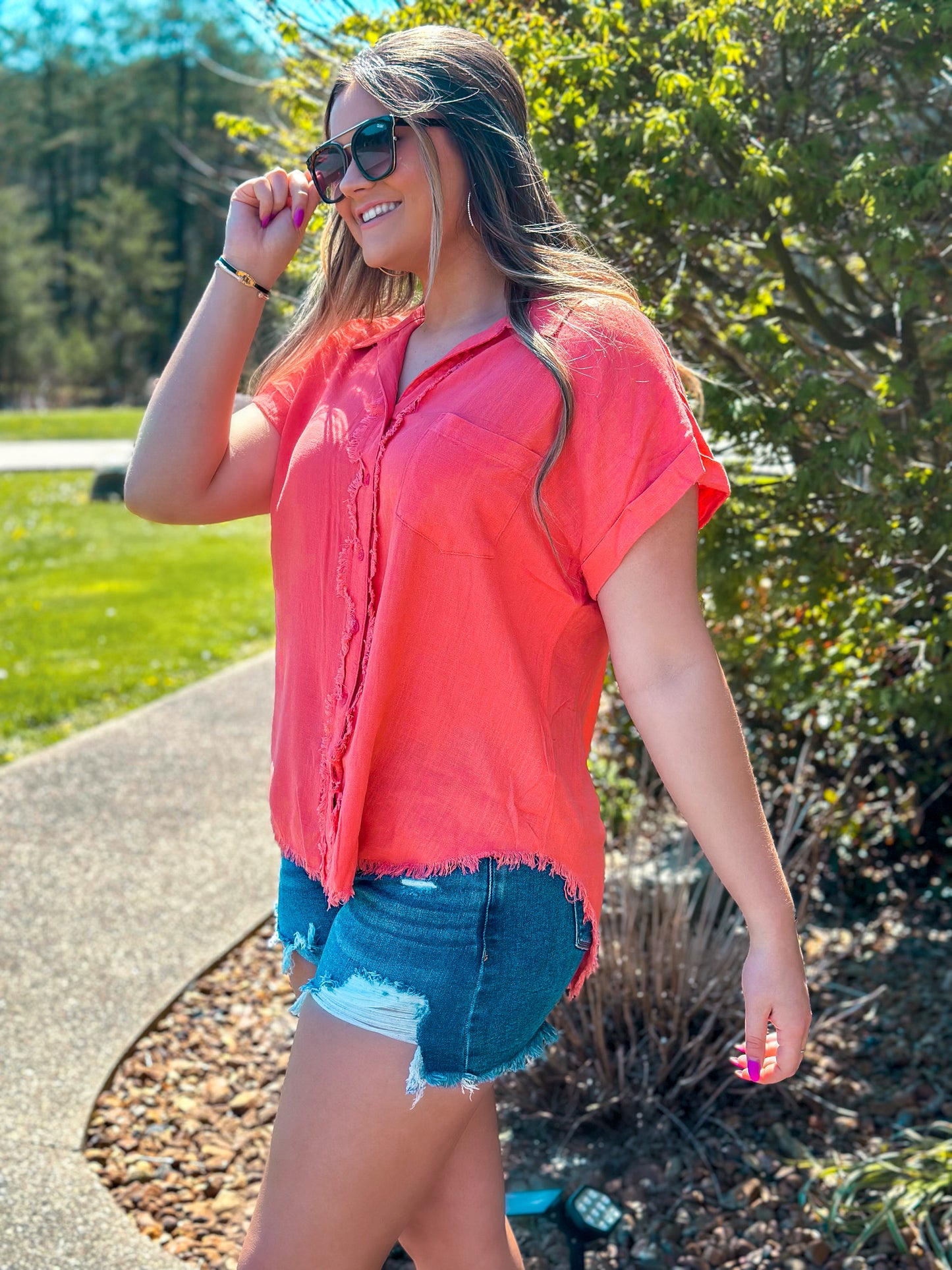 Coral Pink Fringe Button Up