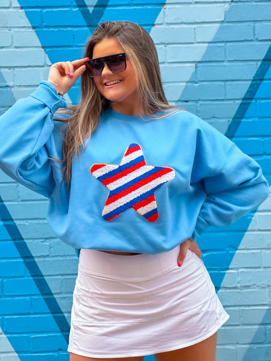 Striped Star Chenille Carolina Blue Sweatshirt