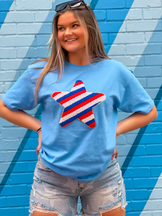 Striped Star Chenille Carolina Blue T-Shirt