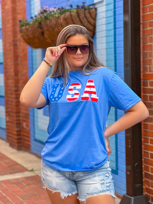 USA Chenille Heather Blue T-Shirt