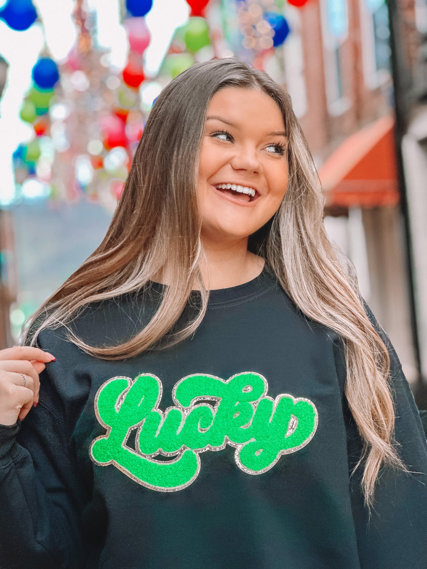 Black Sweatshirt w/ Green Chenille LUCKY