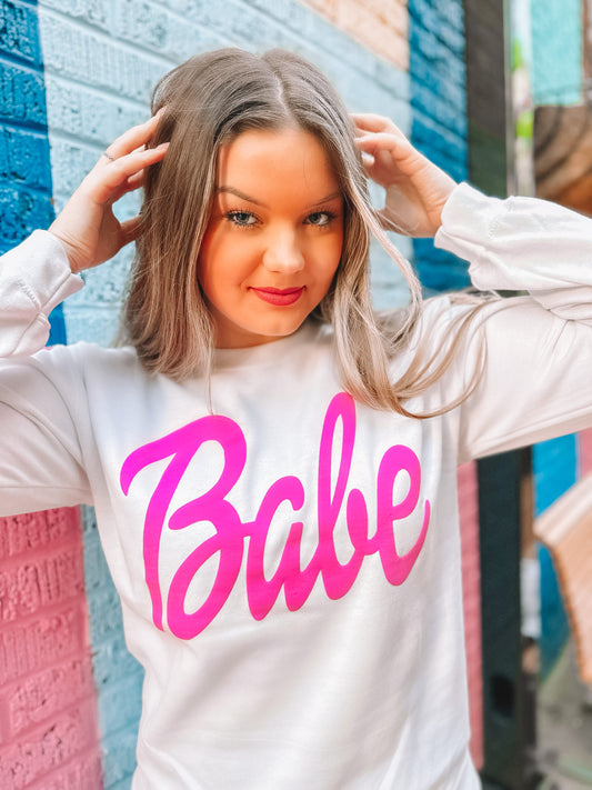 White Sweatshirt w/ Hot Pink BABE Puff